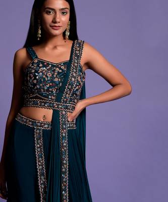 Turquoise Blue Gharara Set With Embroidered Crop Top 6