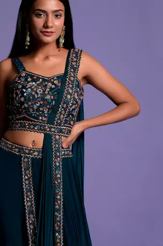Turquoise Blue Gharara Set With Embroidered Crop Top