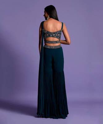 Turquoise Blue Gharara Set With Embroidered Crop Top 7