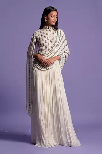 Embroidered Ivory White High Collar Gown