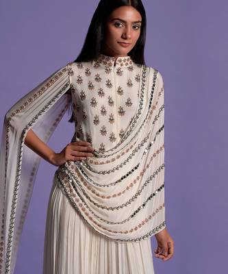 Embroidered Ivory White High Collar Gown 3