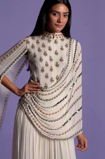 Embroidered Ivory White High Collar Gown