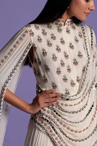 Embroidered Ivory White High Collar Gown