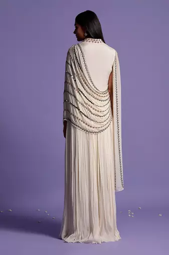 Embroidered Ivory White High Collar Gown