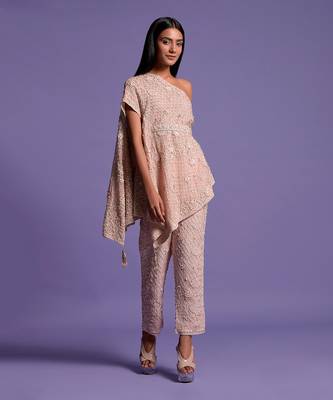 Pink Blush Embroidered Cape Top & Pencil Pants 1