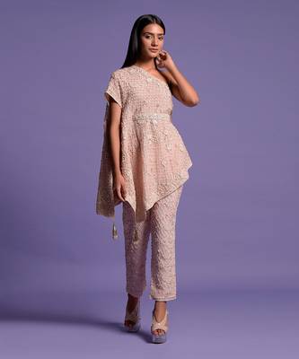 Pink Blush Embroidered Cape Top & Pencil Pants 2