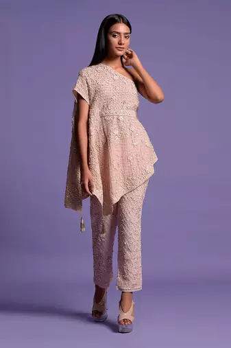 Pink Blush Embroidered Cape Top & Pencil Pants