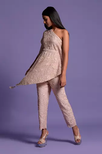 Pink Blush Embroidered Cape Top & Pencil Pants