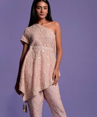 Pink Blush Embroidered Cape Top & Pencil Pants 4