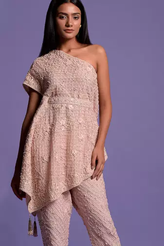 Pink Blush Embroidered Cape Top & Pencil Pants
