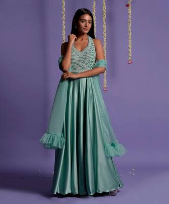 Sea Green Top Embroidered Satin Silk Gown 1