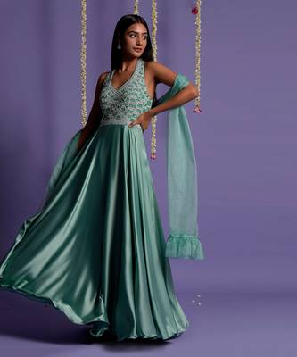 Sea Green Top Embroidered Satin Silk Gown 2