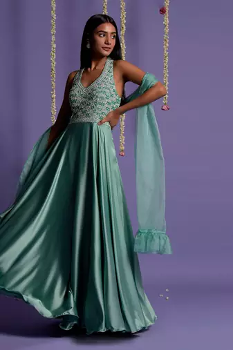 Sea Green Top Embroidered Satin Silk Gown