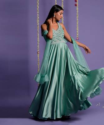 Sea Green Top Embroidered Satin Silk Gown 3