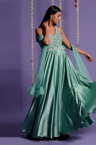 Sea Green Top Embroidered Satin Silk Gown
