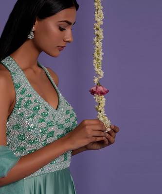 Sea Green Top Embroidered Satin Silk Gown 4
