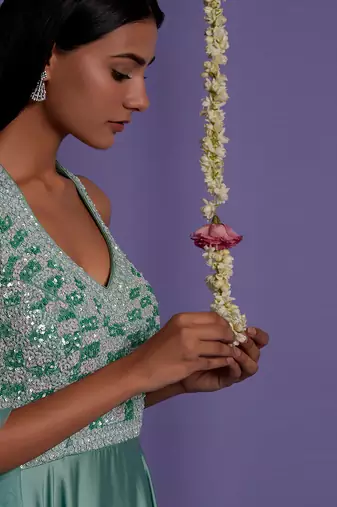 Sea Green Top Embroidered Satin Silk Gown