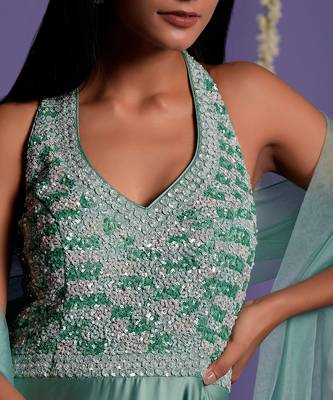 Sea Green Top Embroidered Satin Silk Gown 5