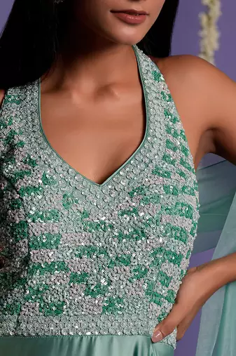 Sea Green Top Embroidered Satin Silk Gown