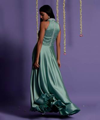 Sea Green Top Embroidered Satin Silk Gown 6