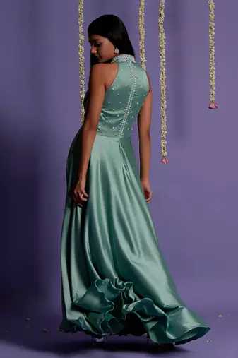 Sea Green Top Embroidered Satin Silk Gown