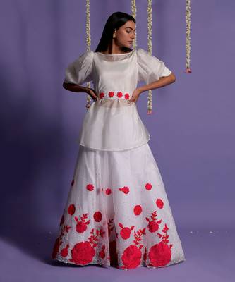 Embroidered Red And White Gown With Waist Belt 1