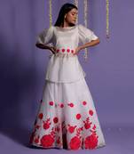 Embroidered Red And White Gown With Waist Belt