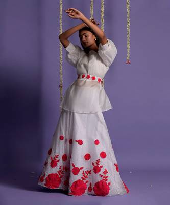 Embroidered Red And White Gown With Waist Belt 2