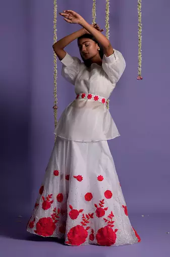 Embroidered Red And White Gown With Waist Belt
