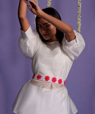 Embroidered Red And White Gown With Waist Belt 3