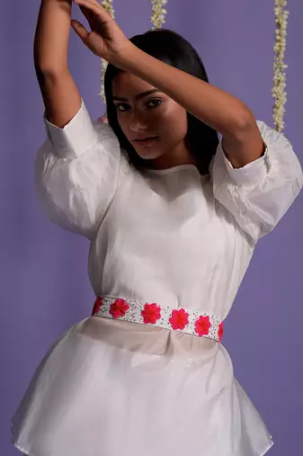 Embroidered Red And White Gown With Waist Belt
