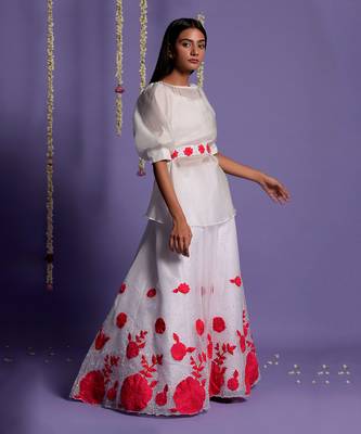 Embroidered Red And White Gown With Waist Belt 4