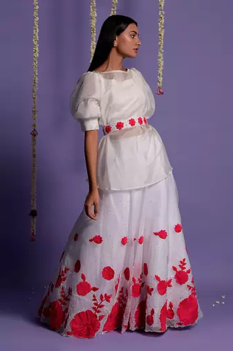 Embroidered Red And White Gown With Waist Belt