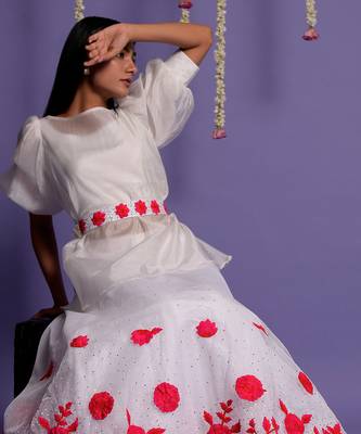Embroidered Red And White Gown With Waist Belt 6