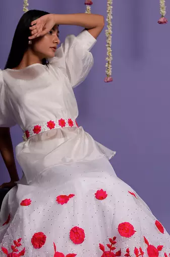 Embroidered Red And White Gown With Waist Belt