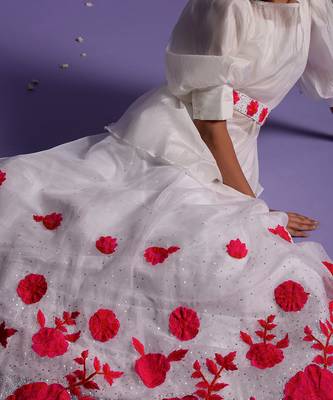 Embroidered Red And White Gown With Waist Belt 7