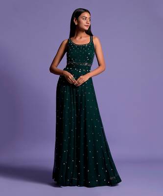 Bottle Green Full Mirror Work Embroidered Jumpsuit 1