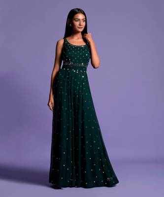 Bottle Green Full Mirror Work Embroidered Jumpsuit 2