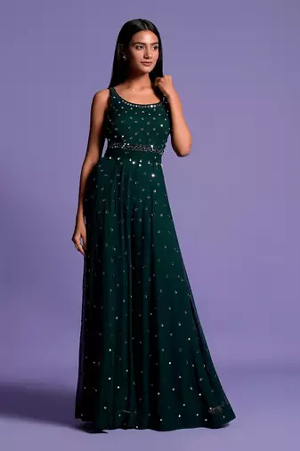 Bottle Green Full Mirror Work Embroidered Jumpsuit