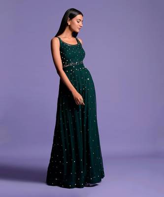 Bottle Green Full Mirror Work Embroidered Jumpsuit 3