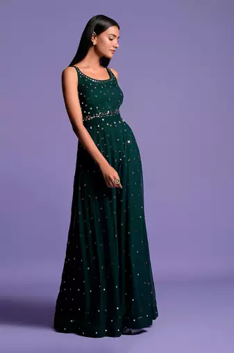 Bottle Green Full Mirror Work Embroidered Jumpsuit