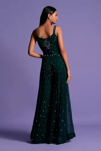 Bottle Green Full Mirror Work Embroidered Jumpsuit