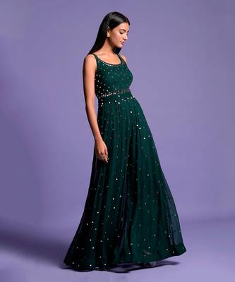 Bottle Green Full Mirror Work Embroidered Jumpsuit 5