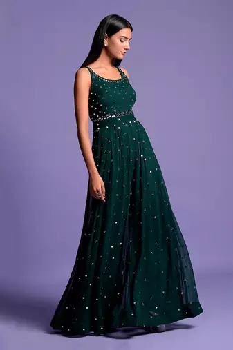 Bottle Green Full Mirror Work Embroidered Jumpsuit