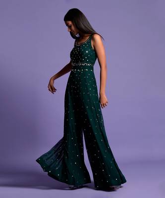 Bottle Green Full Mirror Work Embroidered Jumpsuit 6