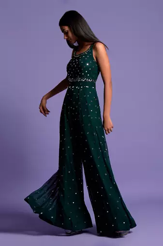 Bottle Green Full Mirror Work Embroidered Jumpsuit