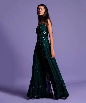 Bottle Green Full Mirror Work Embroidered Jumpsuit 7