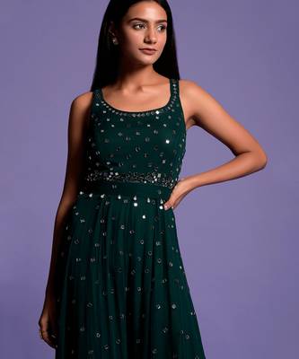 Bottle Green Full Mirror Work Embroidered Jumpsuit 8