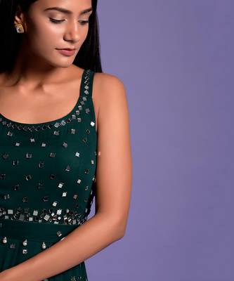 Bottle Green Full Mirror Work Embroidered Jumpsuit 9