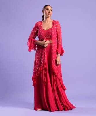 Fuchisa Pink Cape St Set Sequence Zari Work 1
